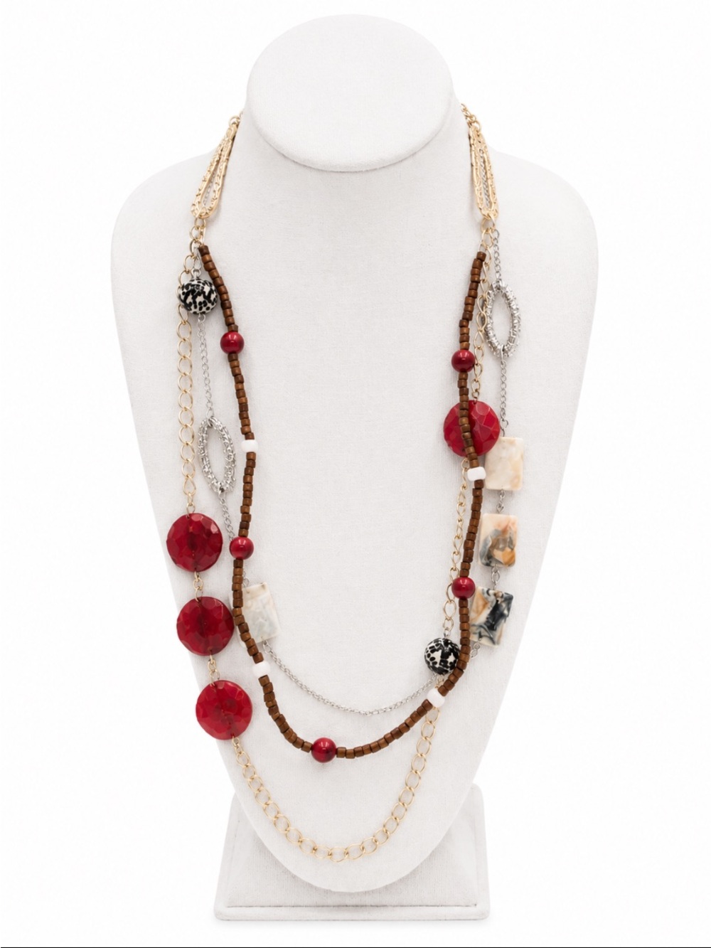 CHICO’s Long Layered Mixed Media Red Beaded Statement Necklace